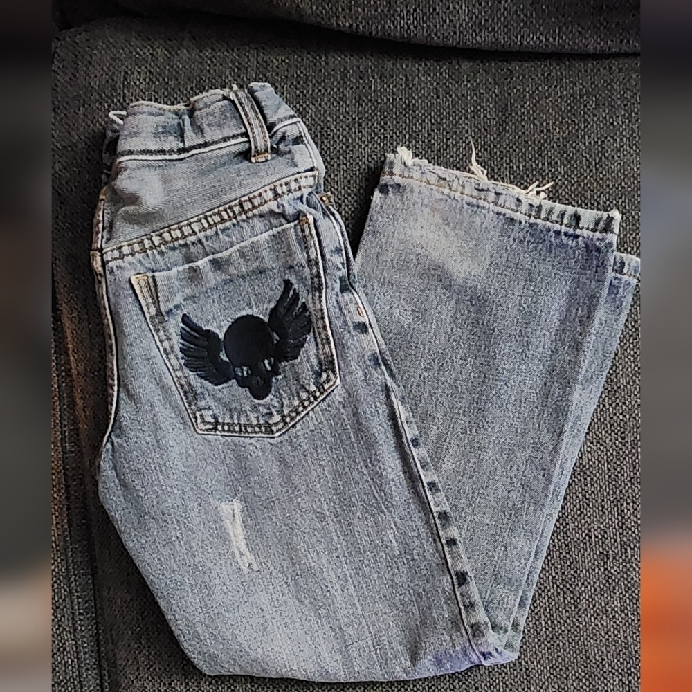Boys Distressed Vintage Dickies Jeans with Skull Patch.   Size 8